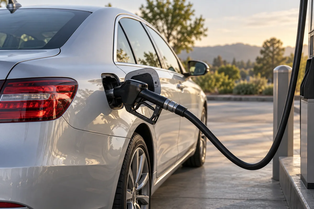 A silver car being refueled with a gasoline nozzle at a fuel pump.